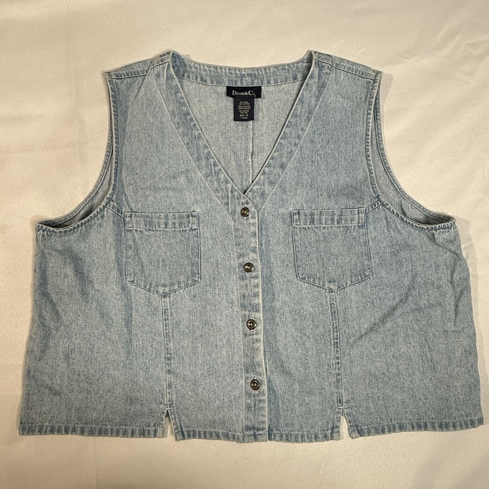 Vintage 90s Denim & Co Jean Denim Vest Metal Buttons Boxy Notched Light‎ Wash